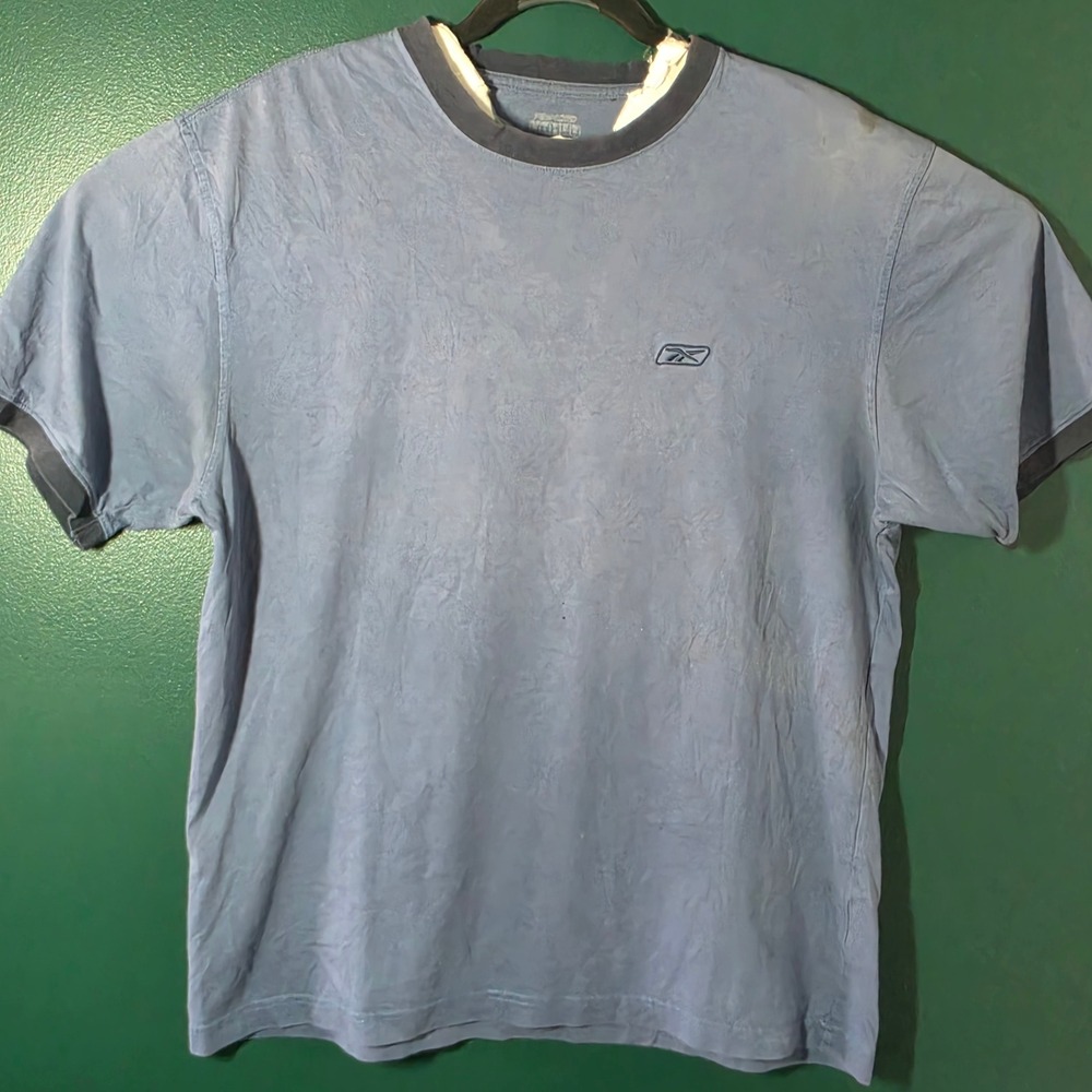 Reebok Mens Short Sleeve T-Shirt Blue Embroidered Logo Ringer Size XL